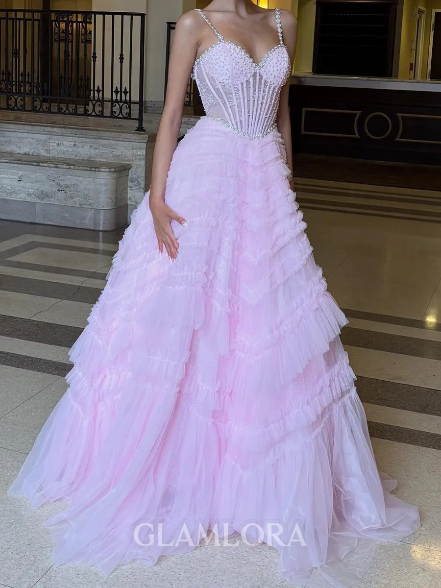 Fashion A-Line Spaghetti Straps Cascading Ruffles Sweep Train Tulle Corset Prom Dress