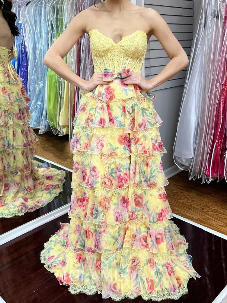 Unique A-Line Sweetheart Cascading Ruffles Sweep Train Lace Corset Prom Dress