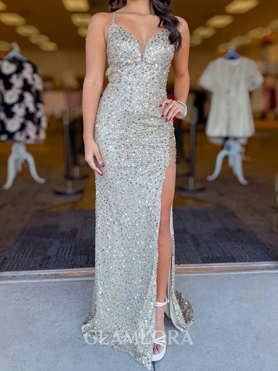 Delicate Sheath Spaghetti Straps Sequin Sweep Train Prom Dress