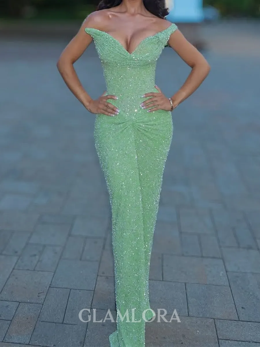 Gorgeous Sheath Off-the-Shoulder Sequin Floor-Length Prom Dress
