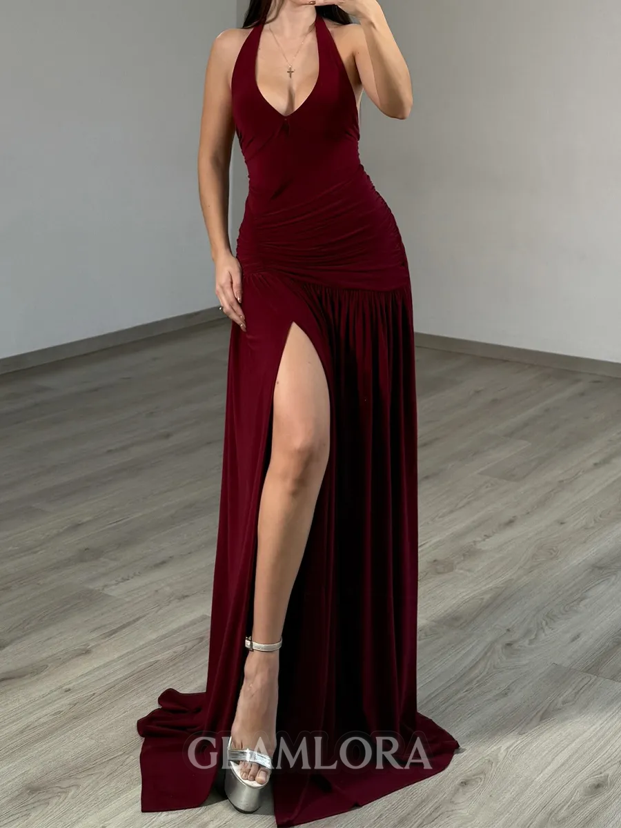 Magnificent A-Line Halter Pleated Sweep Train Jersey Prom Dress