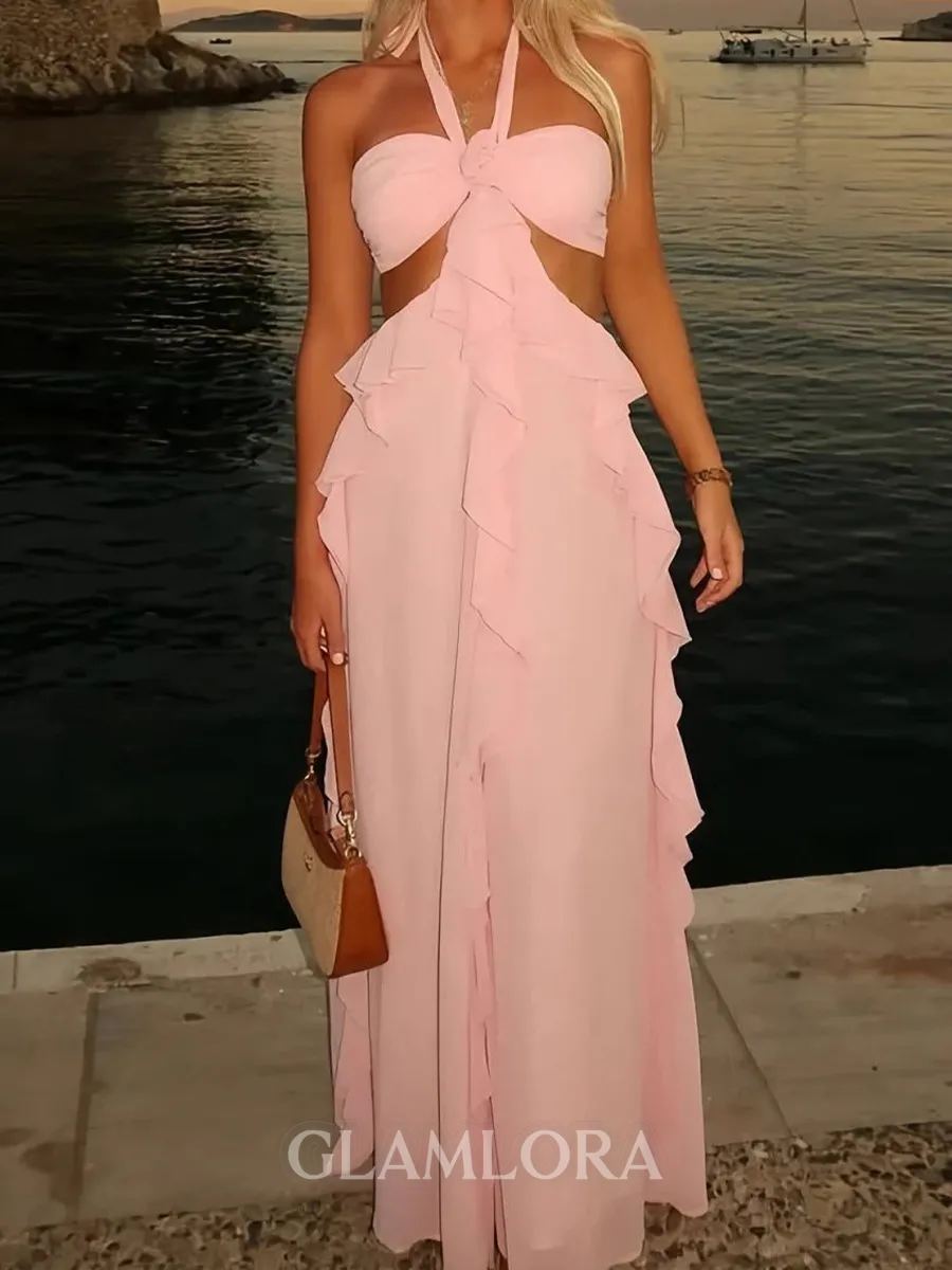 Fashion-forward A-Line Halter Ruffles Floor-Length Chiffon Prom Dress