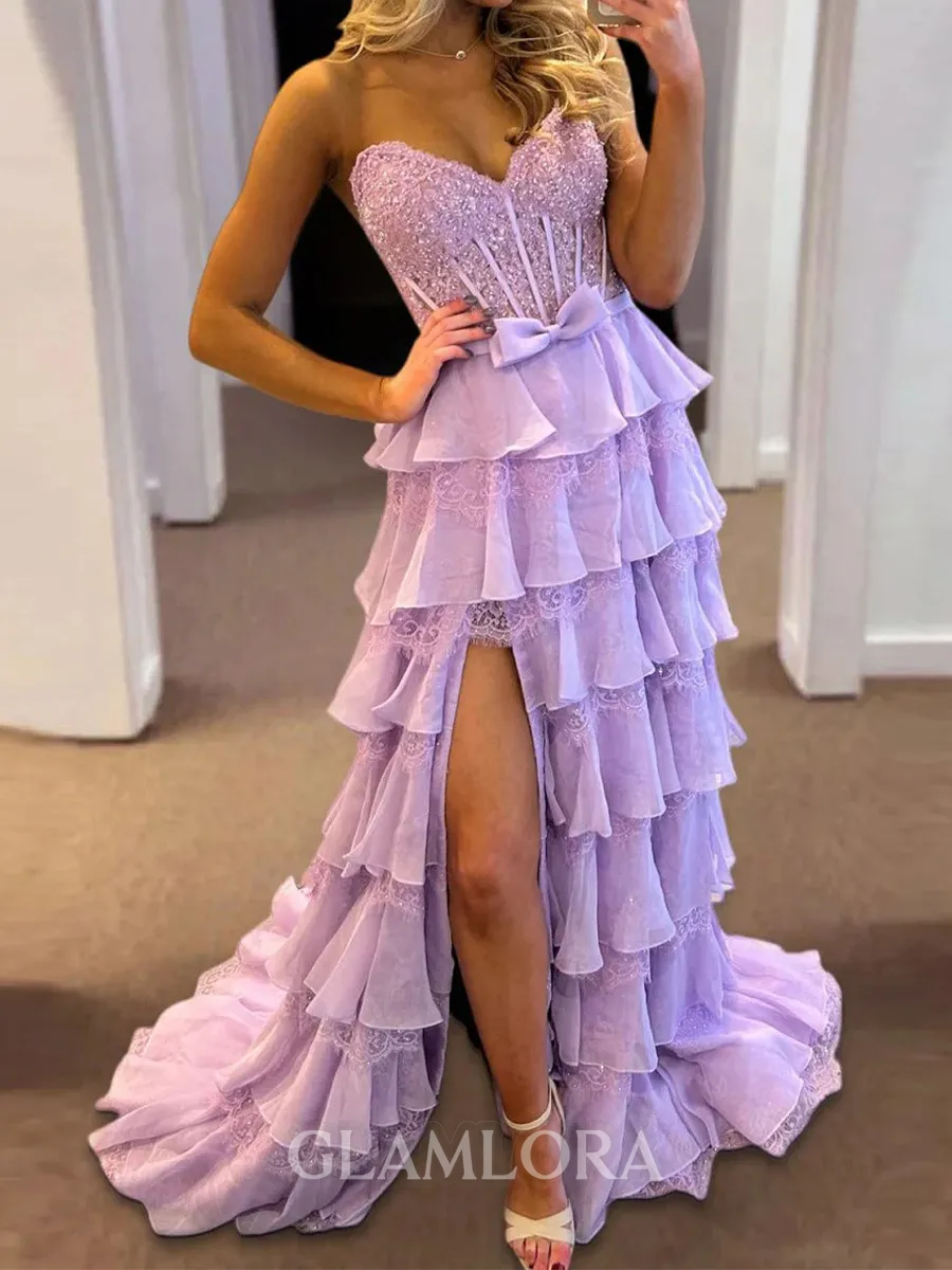 Unique A-Line Sweetheart Cascading Ruffles Sweep Train Chiffon Corset Prom Dress