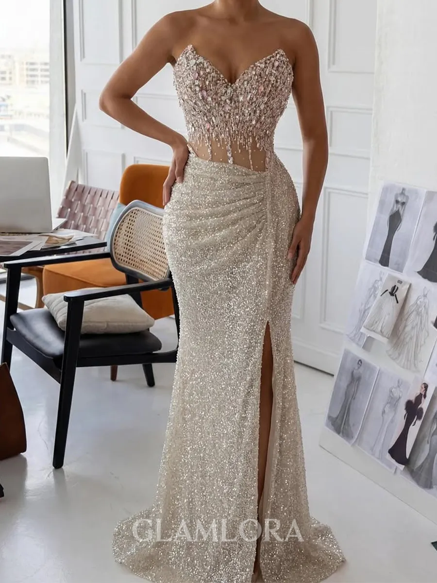 Trendy Sheath Sweetheart Rhinestone Sweep Train Tulle Prom Dress