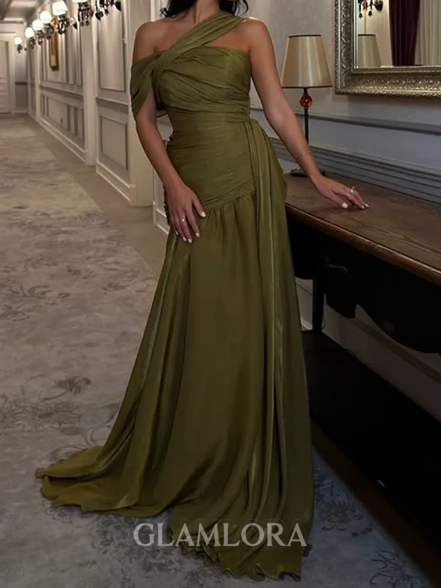 Fashion A-Line One-Shoulder Pleated Sweep Train Corset Prom Dress