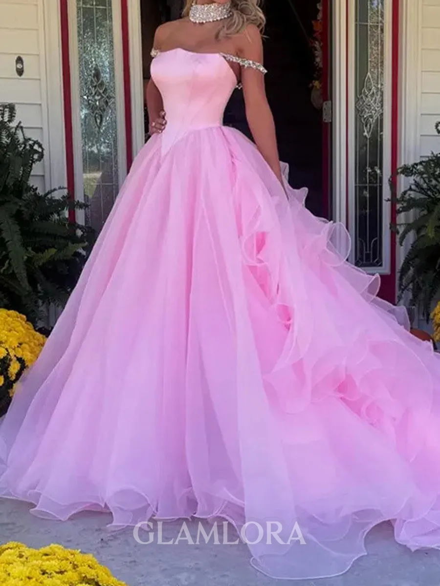 Elegant A-Line Off-the-Shoulder Ruffles Cathedral Train Tulle Corset Prom Dress