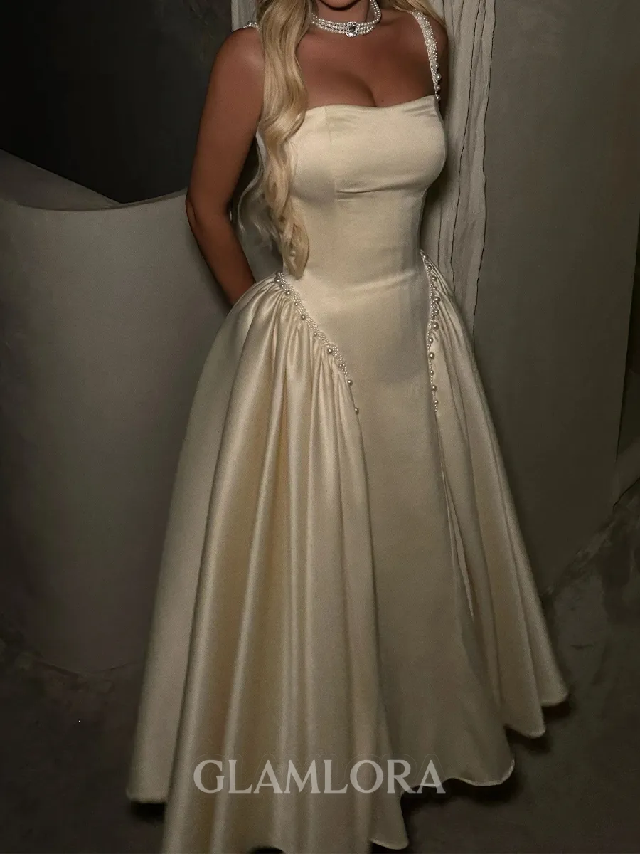 Enchanting A-Line Square Beading Ankle-Length Silk Like Satin Corset Prom Dress