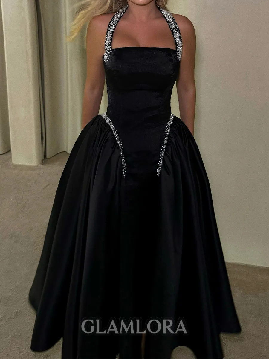 Gorgeous A-Line Halter Beading Ankle-Length Silk Like Satin Corset Prom Dress