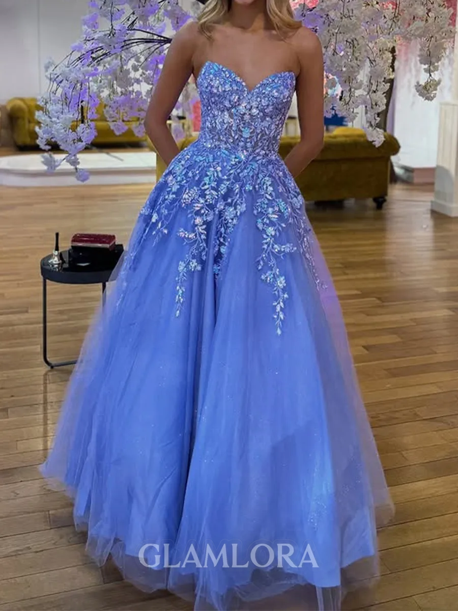 Mesmerizing A-Line Sweetheart Appliques Lace Floor-Length Tulle Corset Prom Dress