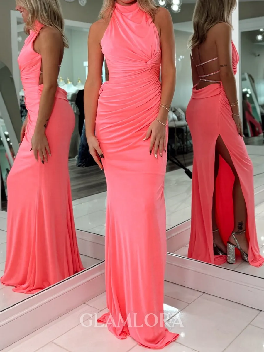 Aristocratic Sheath High Neck Pleated Court Train Jersey Prom Dress