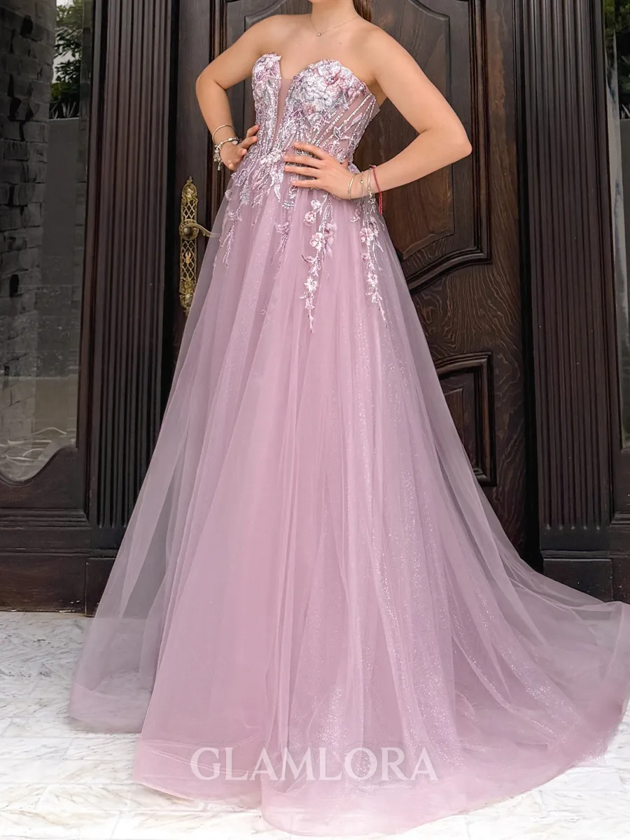 Magnificent A-Line Sweetheart Appliques Lace Sweep Train Tulle Corset Prom Dress