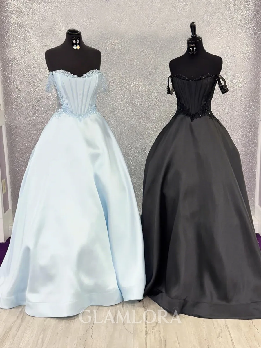 Unique A-Line Off-the-Shoulder Appliques Lace Floor-Length Satin Corset Prom Dress