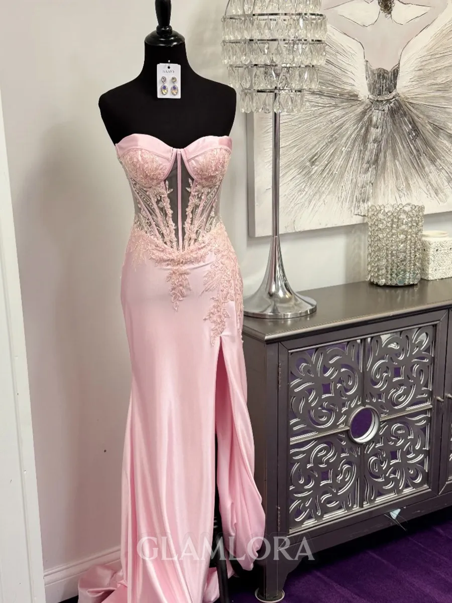 Stunning Sheath Sweetheart Appliques Lace Sweep Train Silk Like Satin Corset Prom Dress