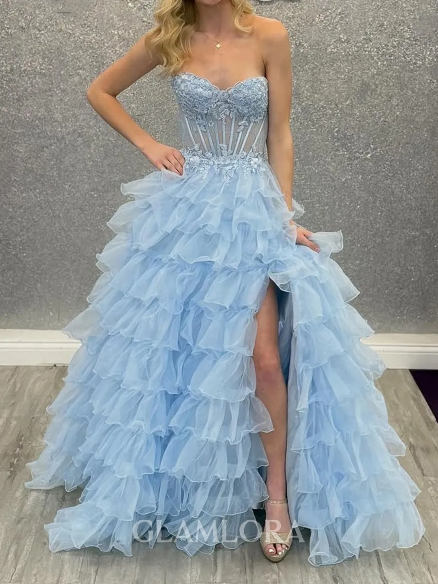 Hot A-Line Sweetheart Cascading Ruffles Floor-Length Tulle Corset Prom Dress