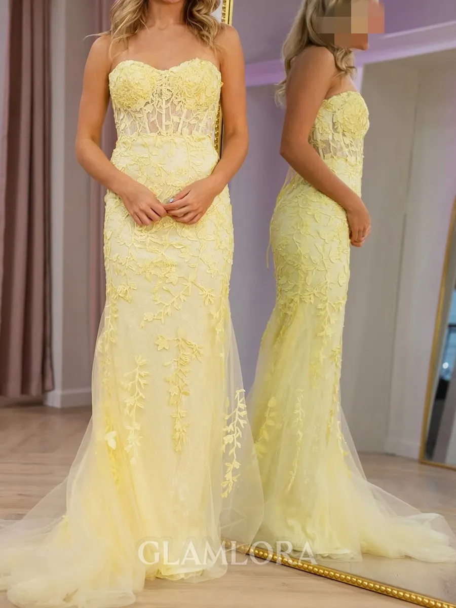 Delicate Sheath Sweetheart Appliques Lace Court Train Tulle Corset Prom Dress