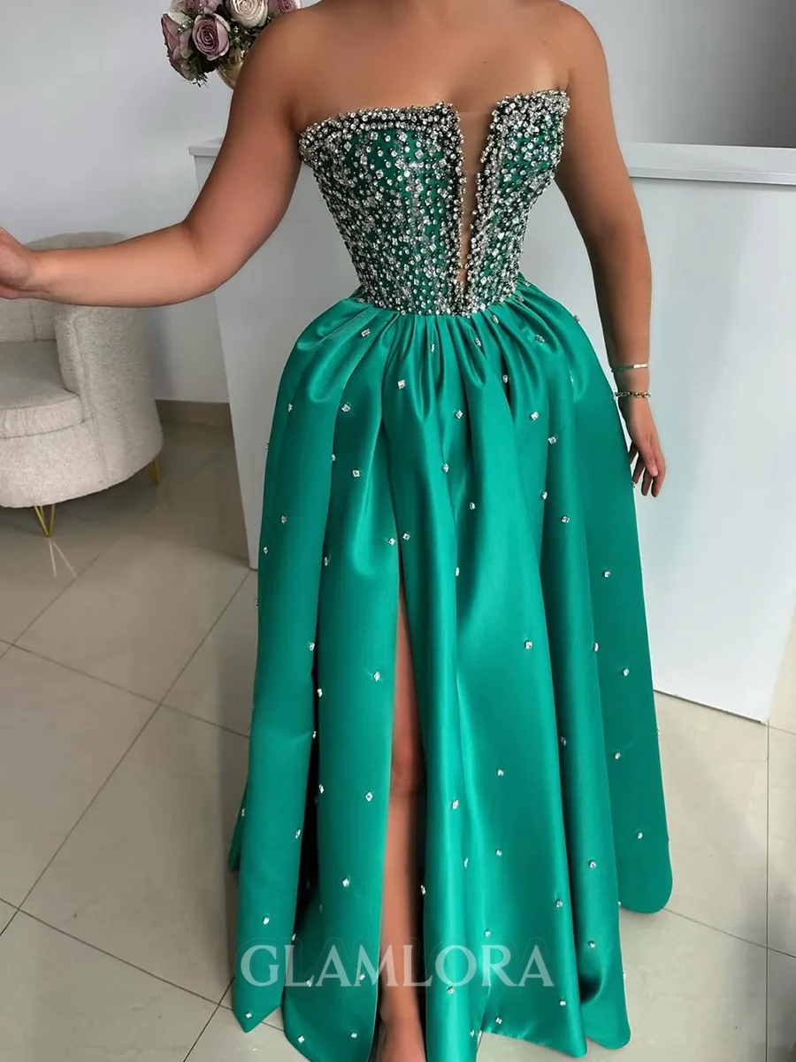 Breathtaking A-Line Straight Rhinestone Floor-Length Satin Corset Prom Dress