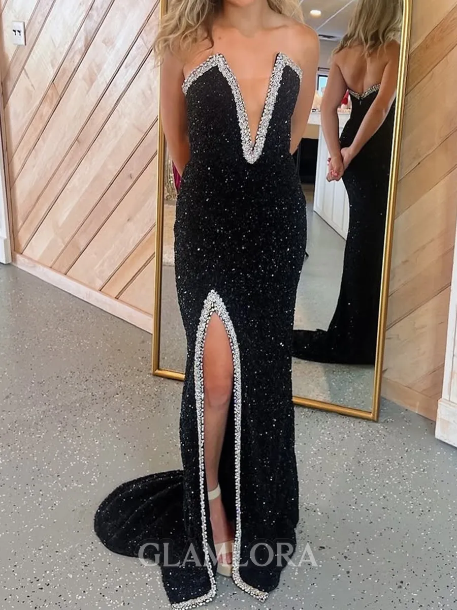 Gorgeous Sheath V-Neck Beading Sweep Train Velvet Sequins Prom Dress