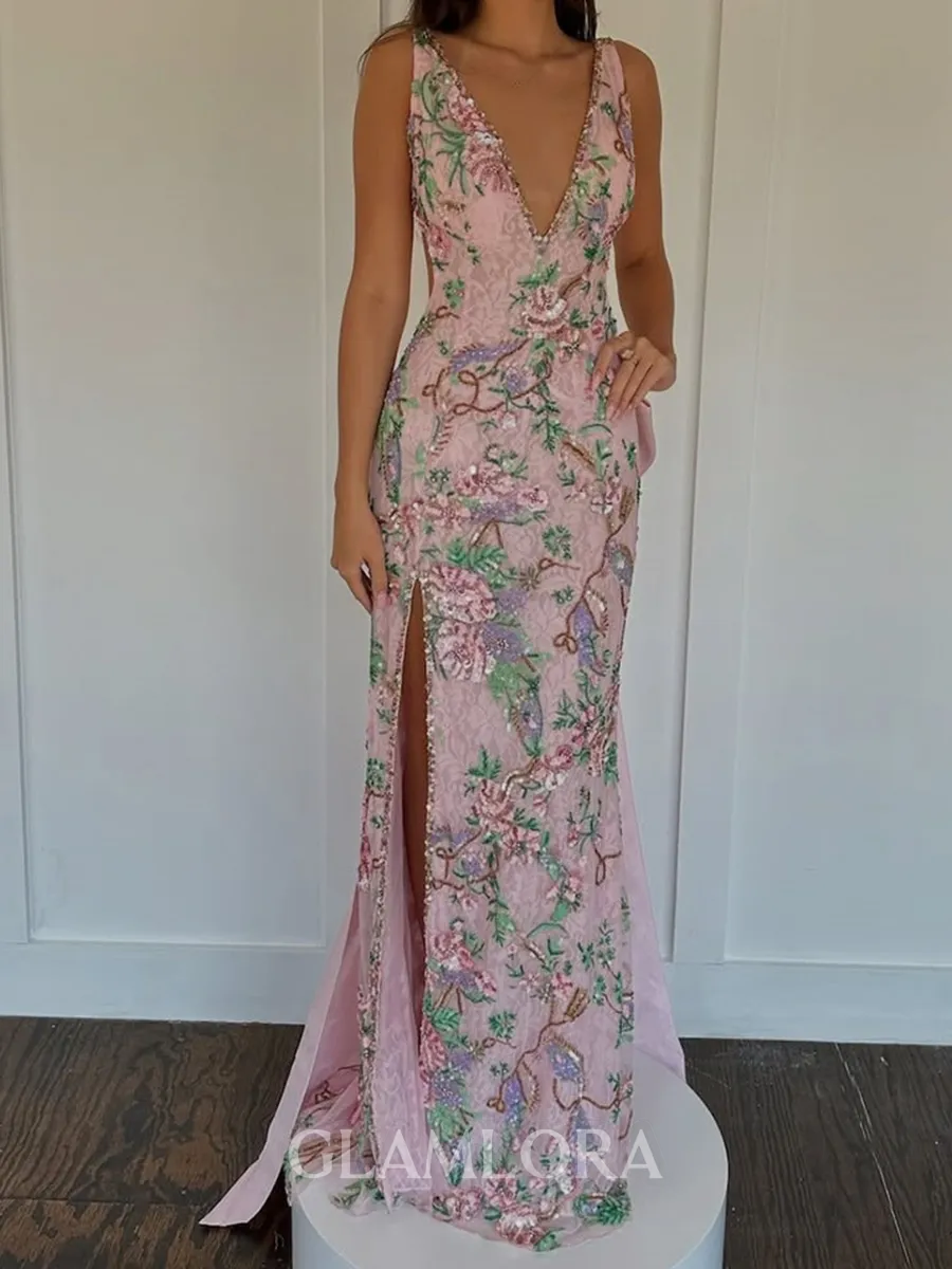 Luxurious Sheath V-Neck Bow Floor-Length Lace Prom Dress