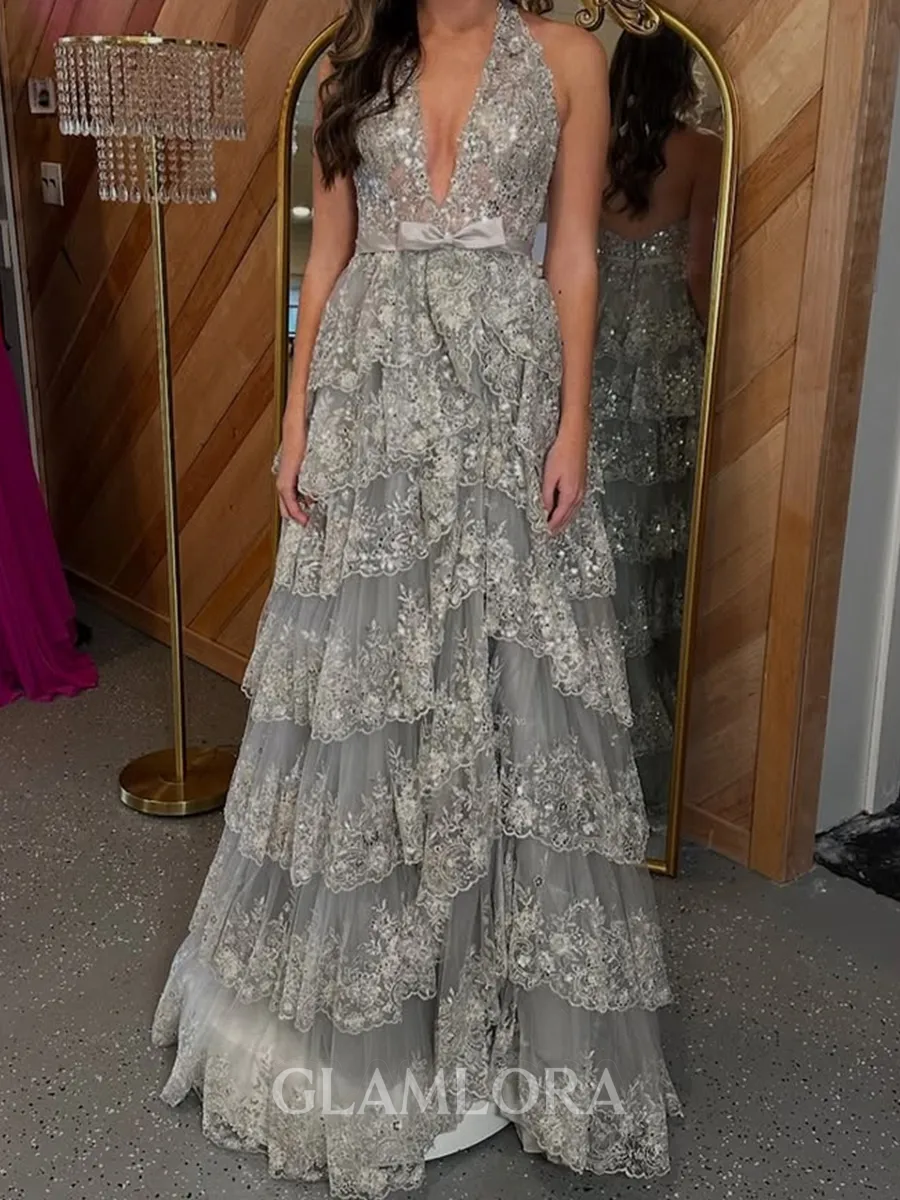 Striking A-Line V-Neck Cascading Ruffles Floor-Length Tulle Corset Prom Dress