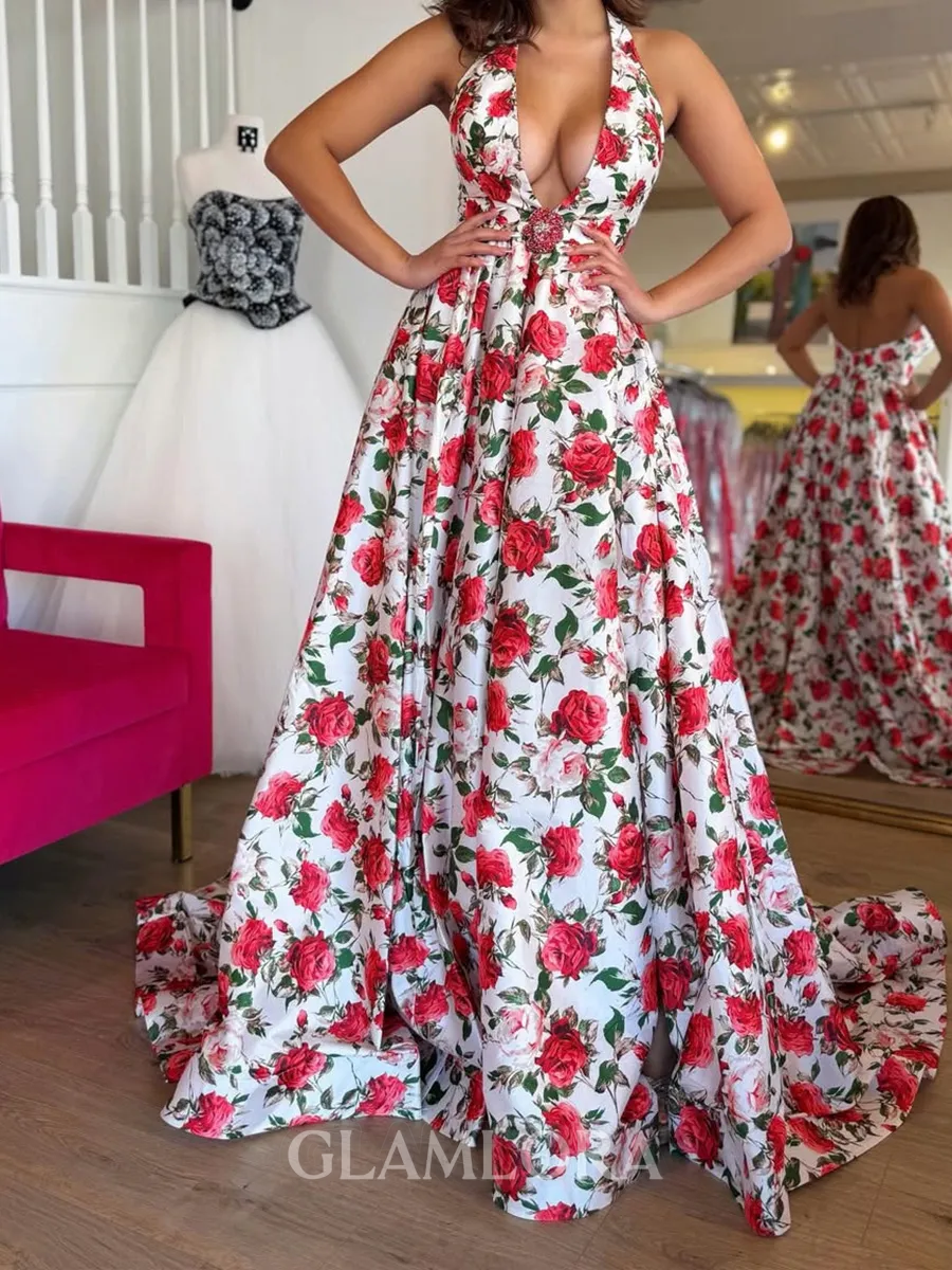 Unforgettable A-Line V-Neck Ruffles Floor-Length Silk Like Satin Prom Dress