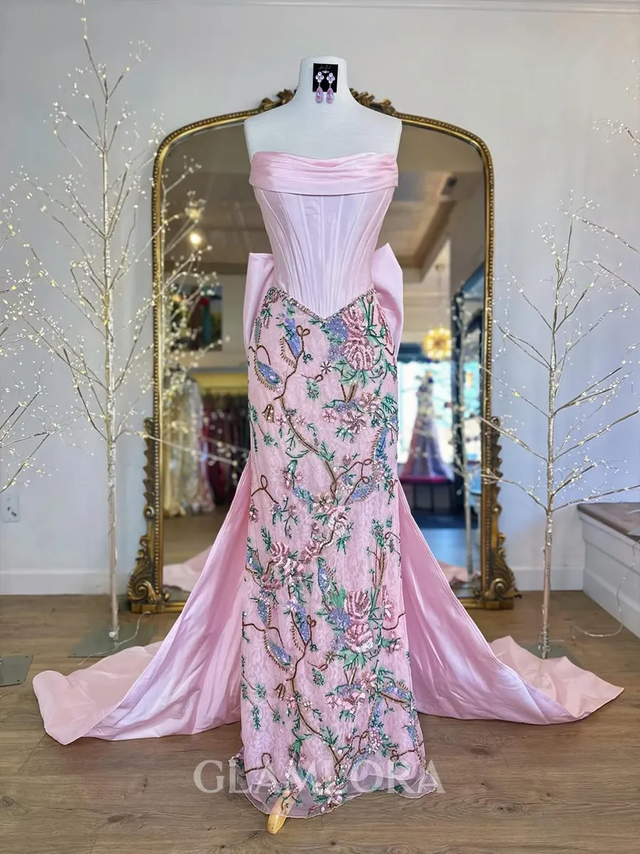 Fashion-forward Sheath Straight Bow Sweep Train Satin Corset Prom Dress