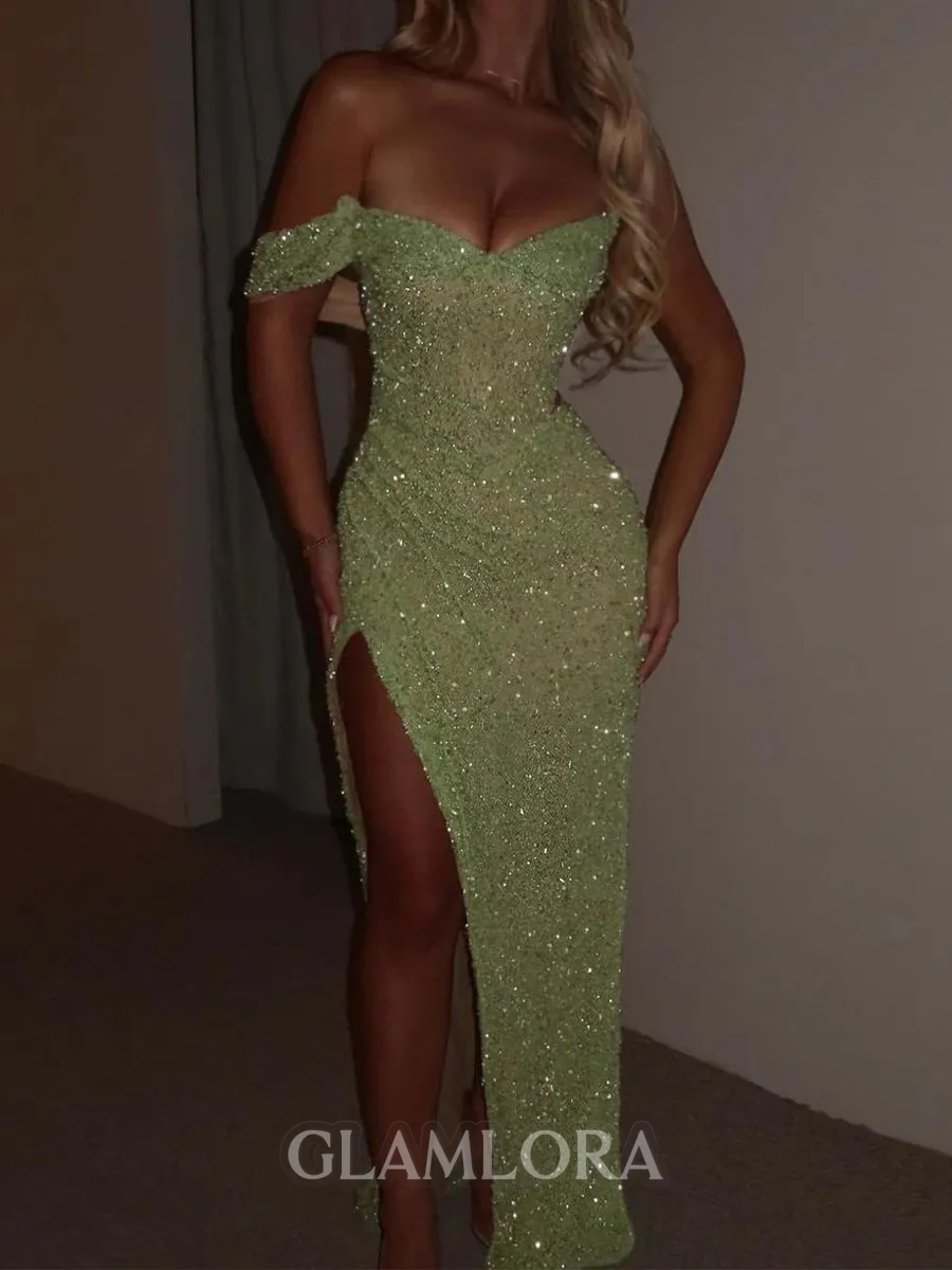 Glamorous Sheath Off-the-Shoulder Sequin Floor-Length Prom Dress