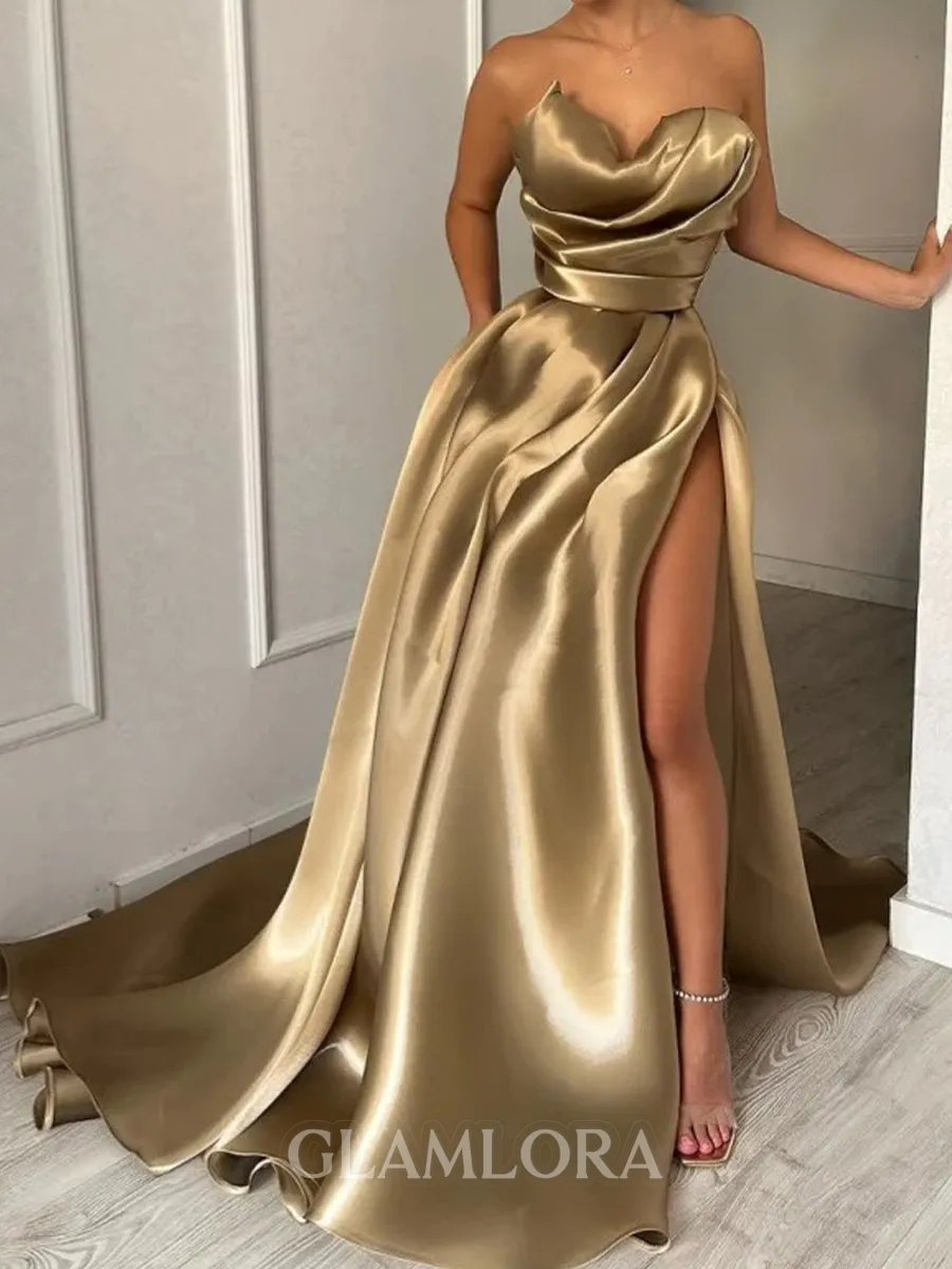 Graceful A-Line Sweetheart Pleated Sweep Train Satin Corset Prom Dress