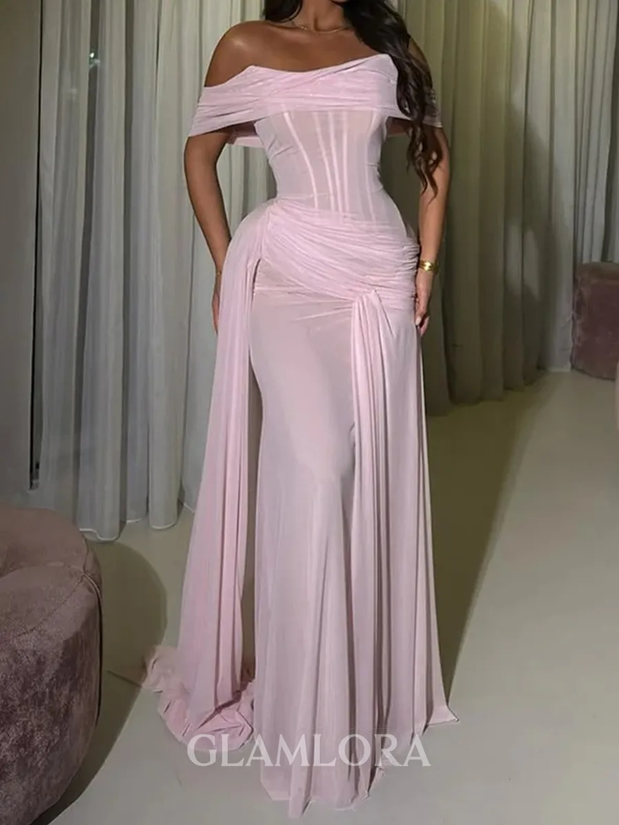 Grand Sheath Off-the-Shoulder Pleated Sweep Train 30D Chiffon Corset Prom Dress