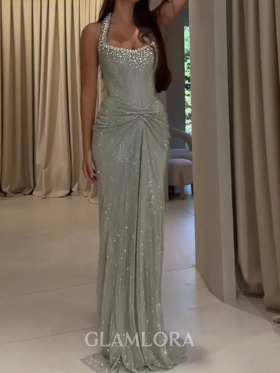 Enchanting Sheath Halter Sequin Court Train Corset Prom Dress