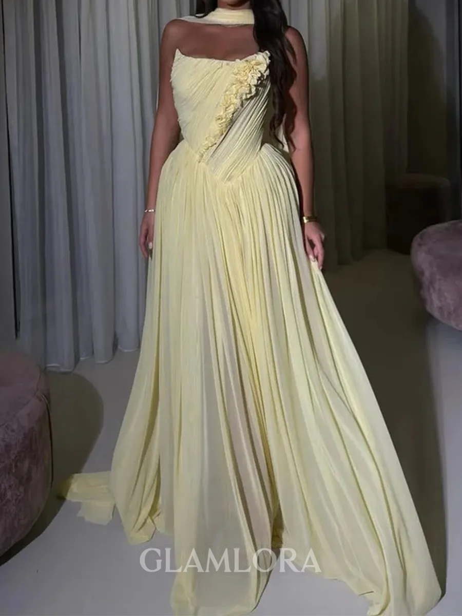 Breathtaking A-Line Straight Flower Sweep Train Chiffon Corset Prom Dress