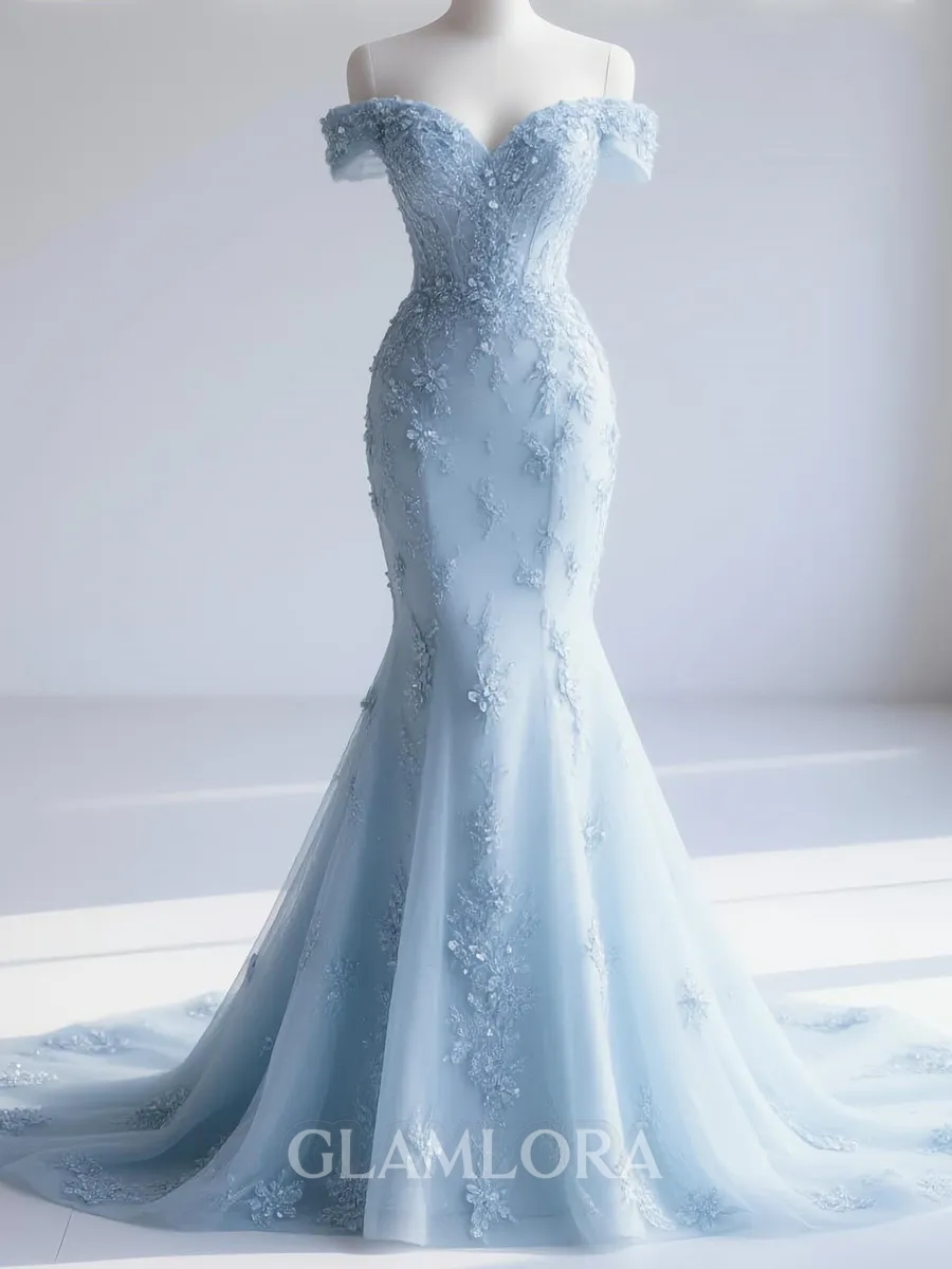 Trendy Mermaid Off-the-Shoulder Appliques Lace Court Train Tulle Corset Prom Dress