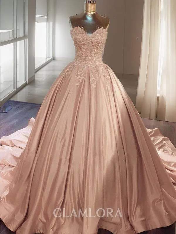 Ball-Gown Sweetheart Sleeveless Grand Cathedral Train Satin Dress With Lace