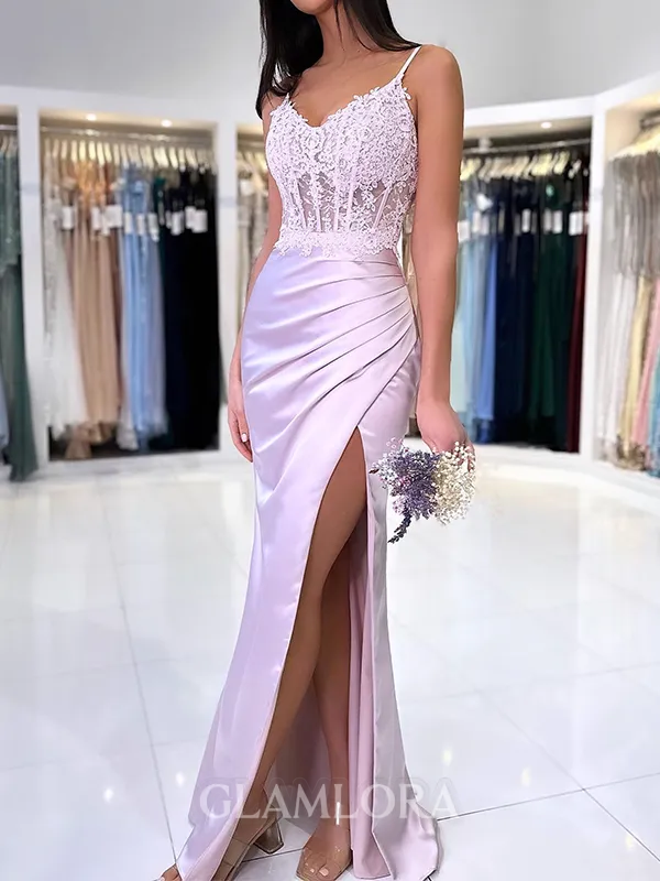 Grand Sheath V-Neck Appliques Lace Floor-Length Silk Like Satin Corset Dress
