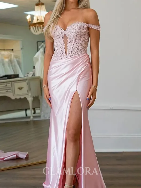 Delicate Sheath Off-the-Shoulder Appliques Lace Court Train Silk Like Satin Corset Dress
