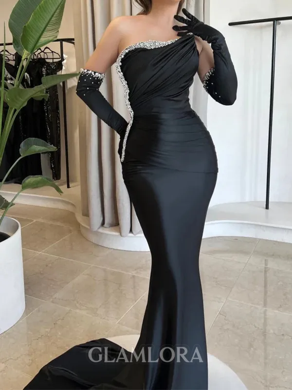 Stunning Mermaid Straight Long Sleeves Pleated Court Train Dress