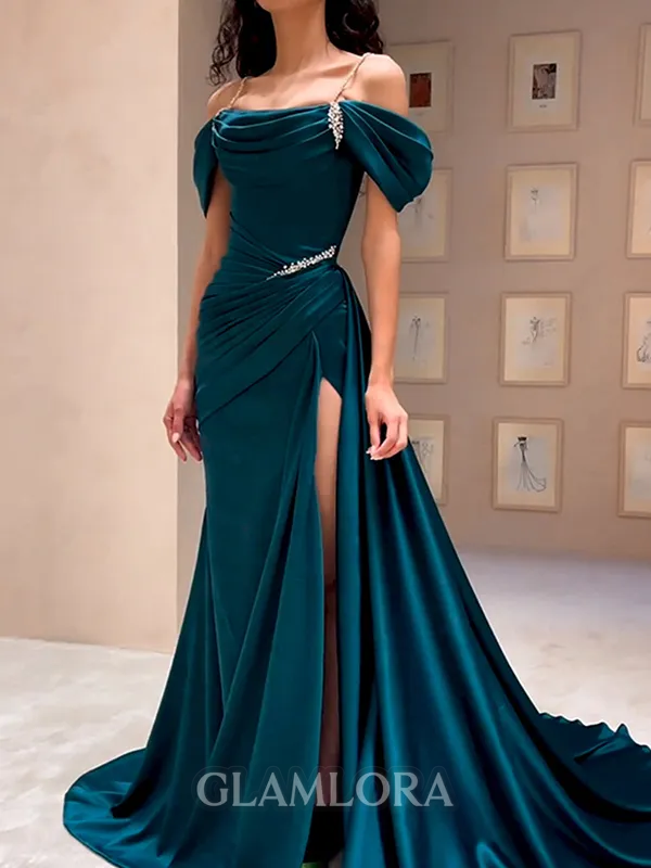 Fashion Sheath Cold Shoulder Pleated Court Train Silk Like Satin Dress