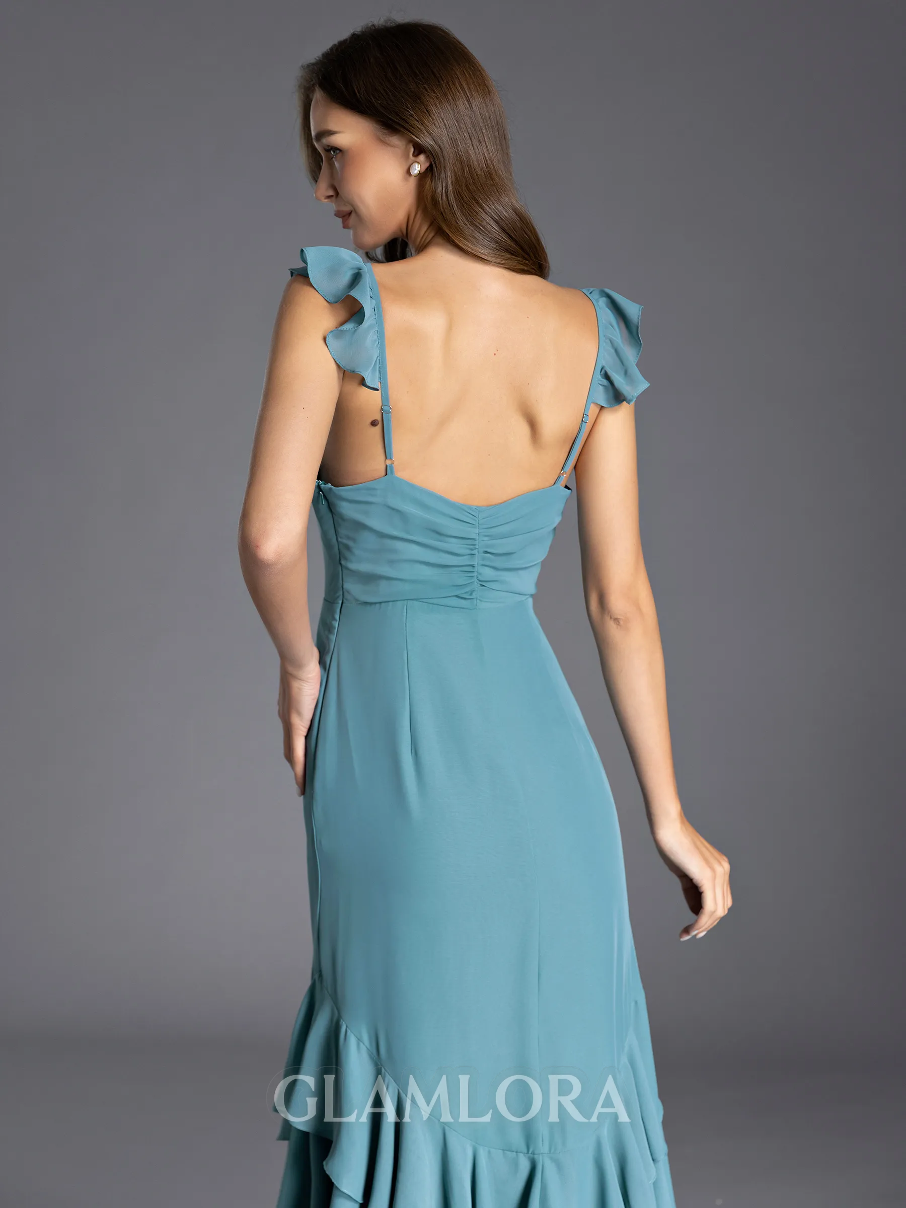 Glam A-line Square Ruffles Ankle-Length Chiffon Bridesmaid Dress - Glamlora
