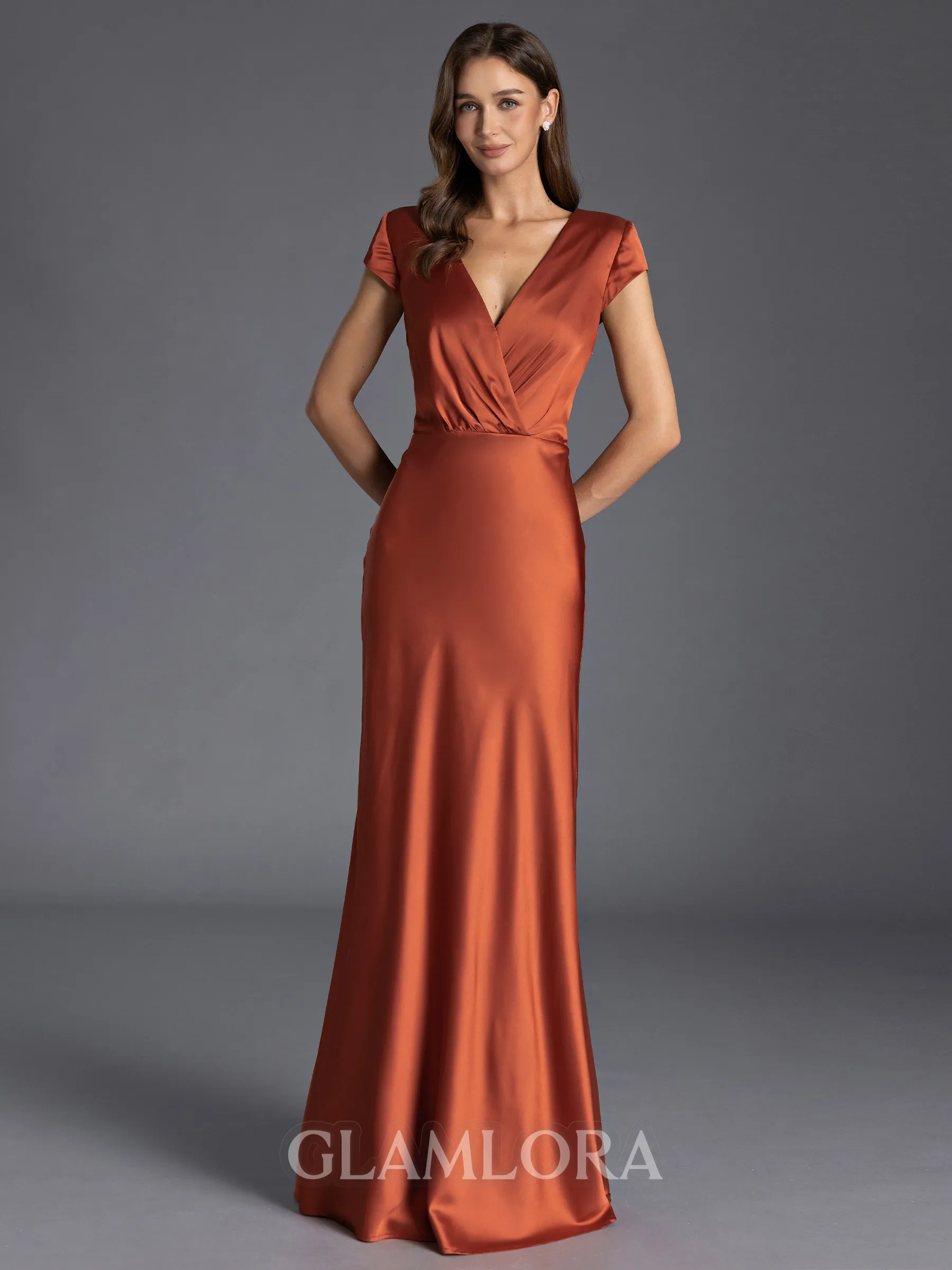 Stunning Sheath V-Neck Short Sleeves Pleated Ankle-Length Silk like Satin Bridesmaid Dress