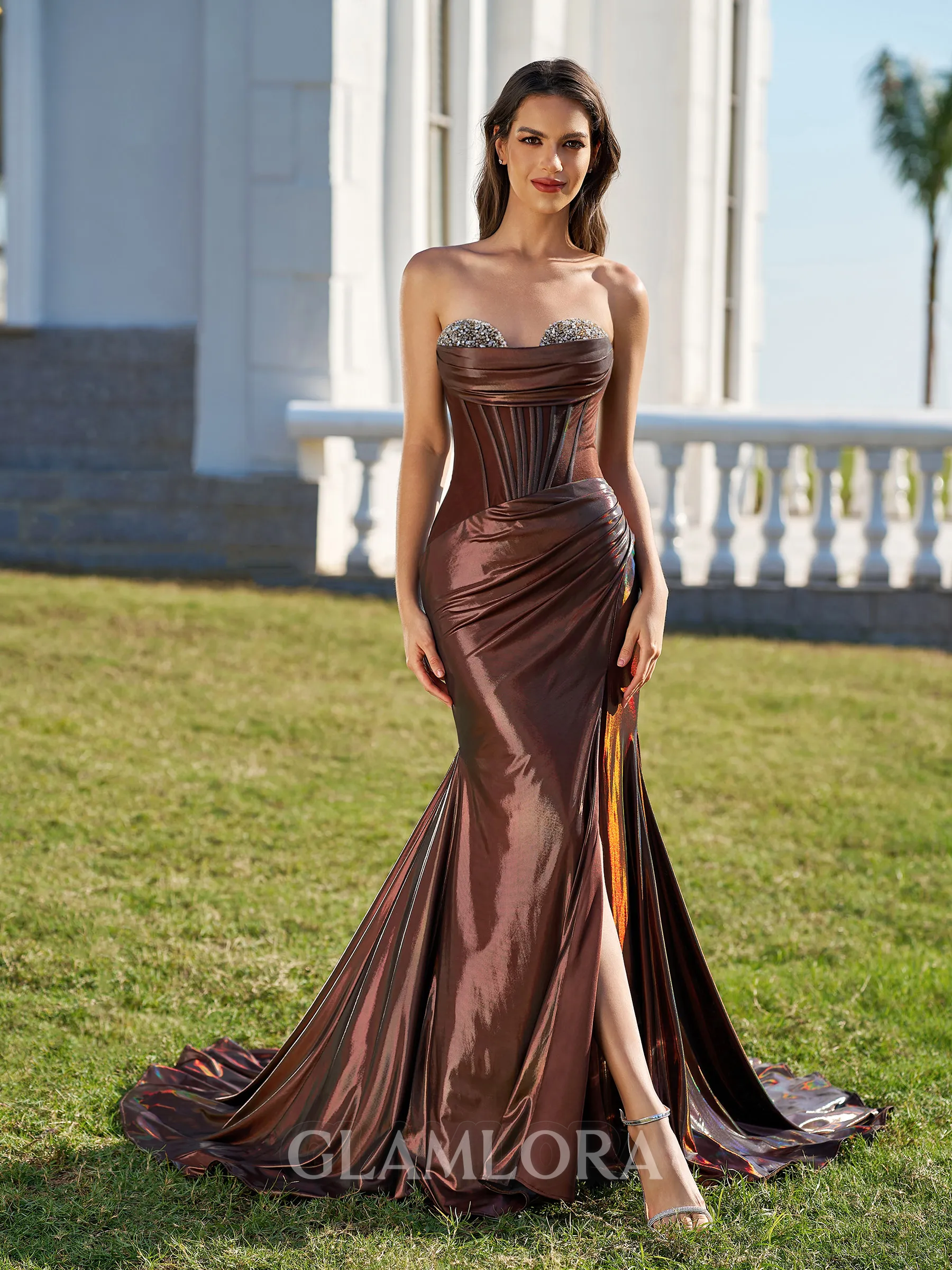 Gracious Sheath Sweetheart Pleated Court Train Metallic Satin Corset Dress