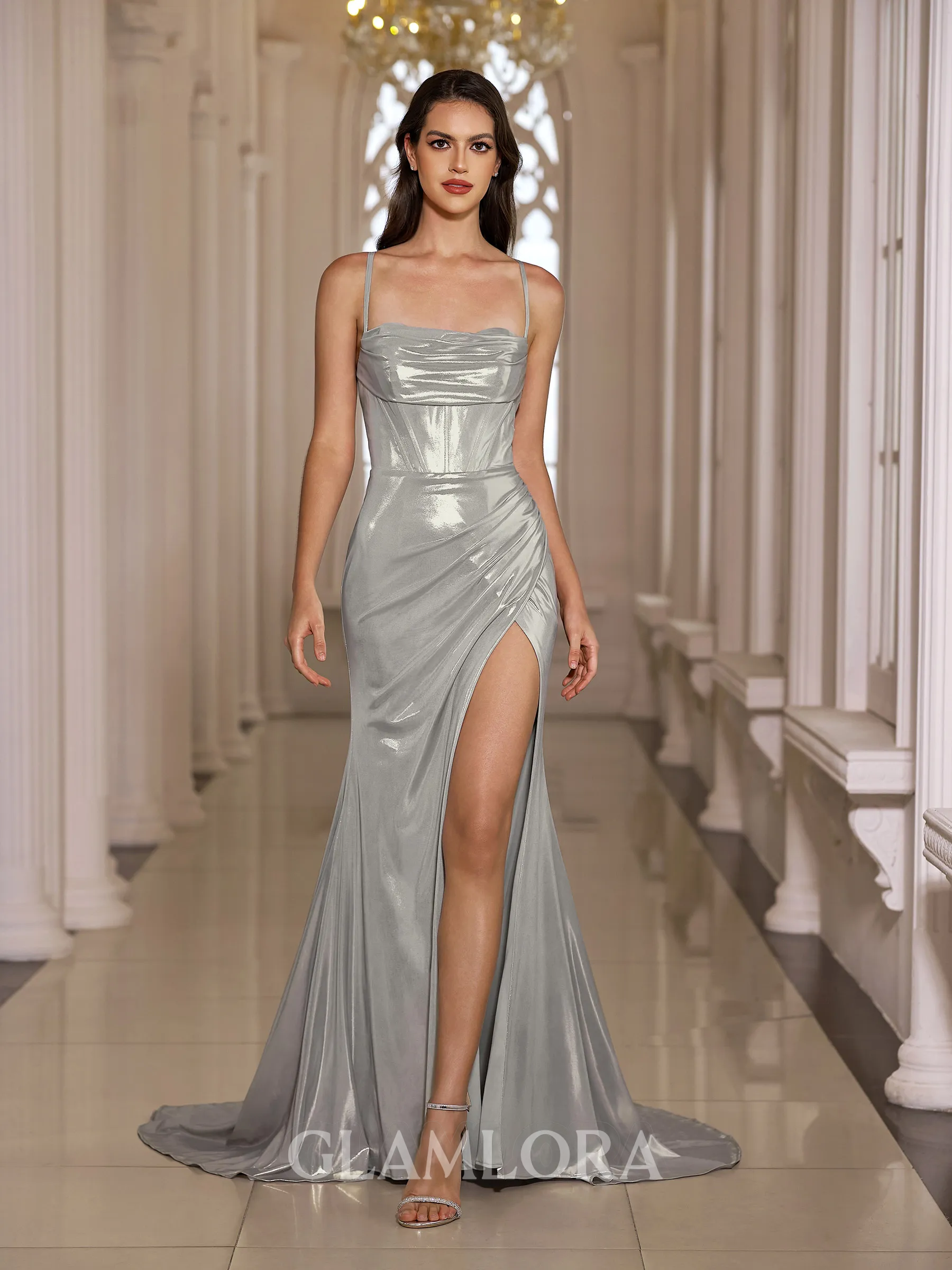 Understated Sheath Cowl Pleated Court Train Metallic Satin Corset Dress