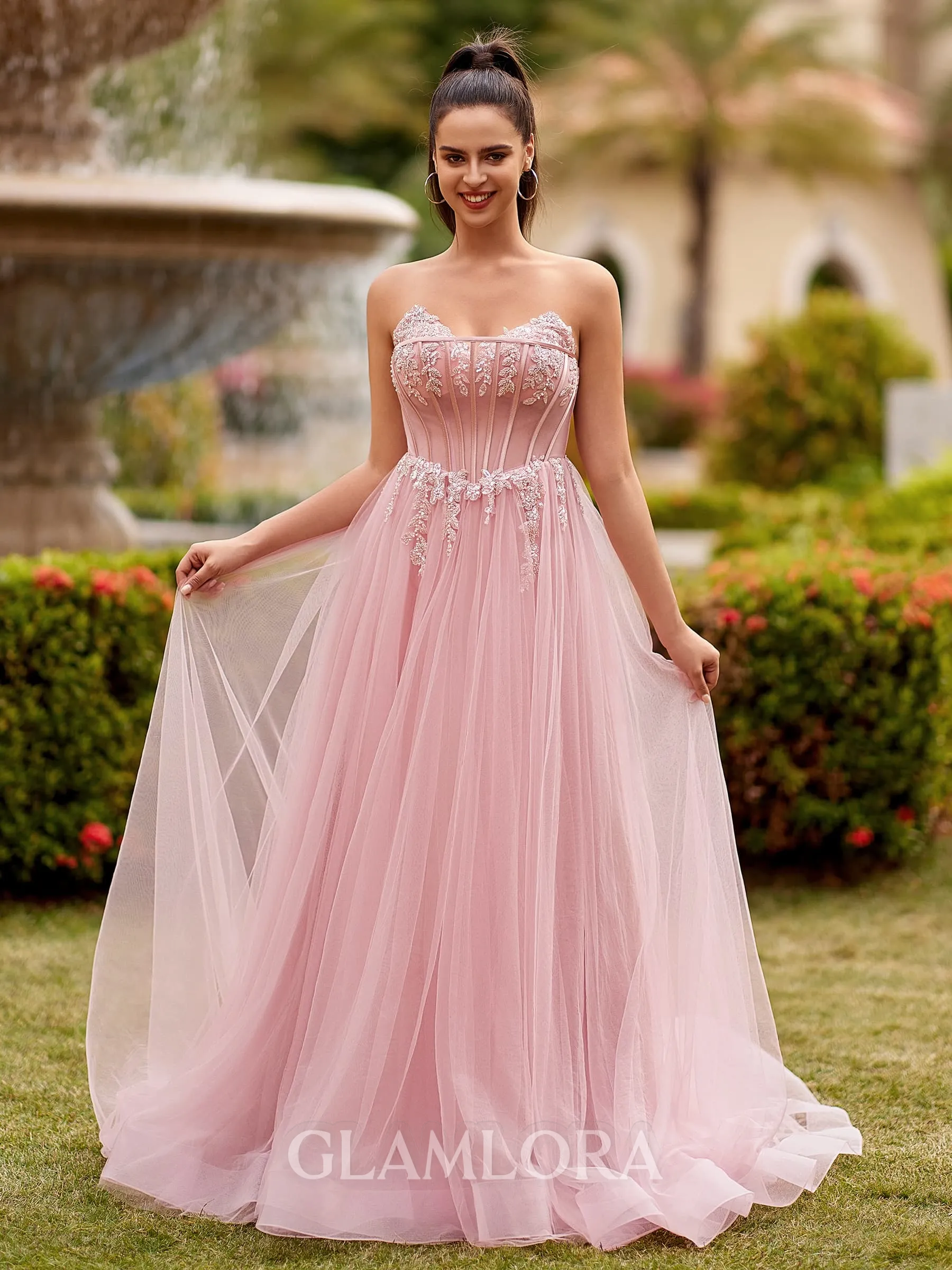 Splendid A-line Sweetheart Appliques Lace Sweep Train Tulle Corset Dress