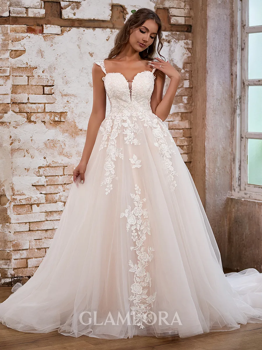 A-line Elegant Off-the-Shoulder Tulle Cathedral Train Wedding Dress With Appliques Lace