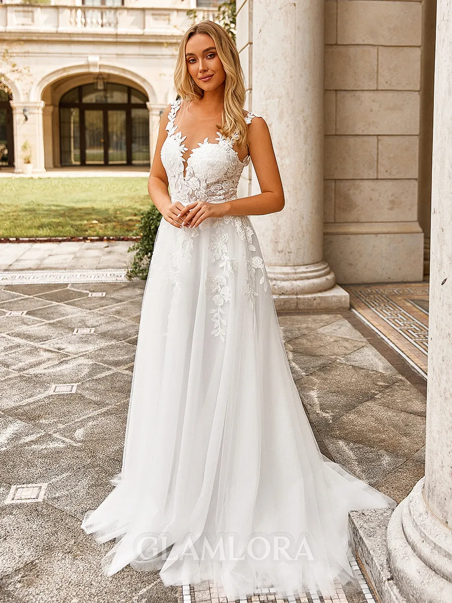 Chic A-line Scoop Appliques Lace Sweep Train Tulle Wedding Dress