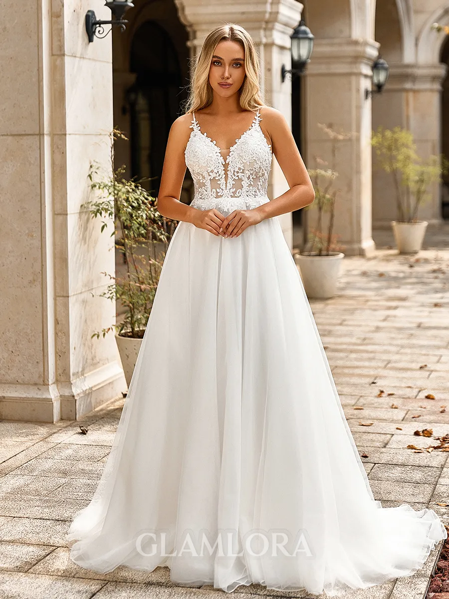Charming A-line V-Neck Appliques Lace Sweep Train Tulle Wedding Dress