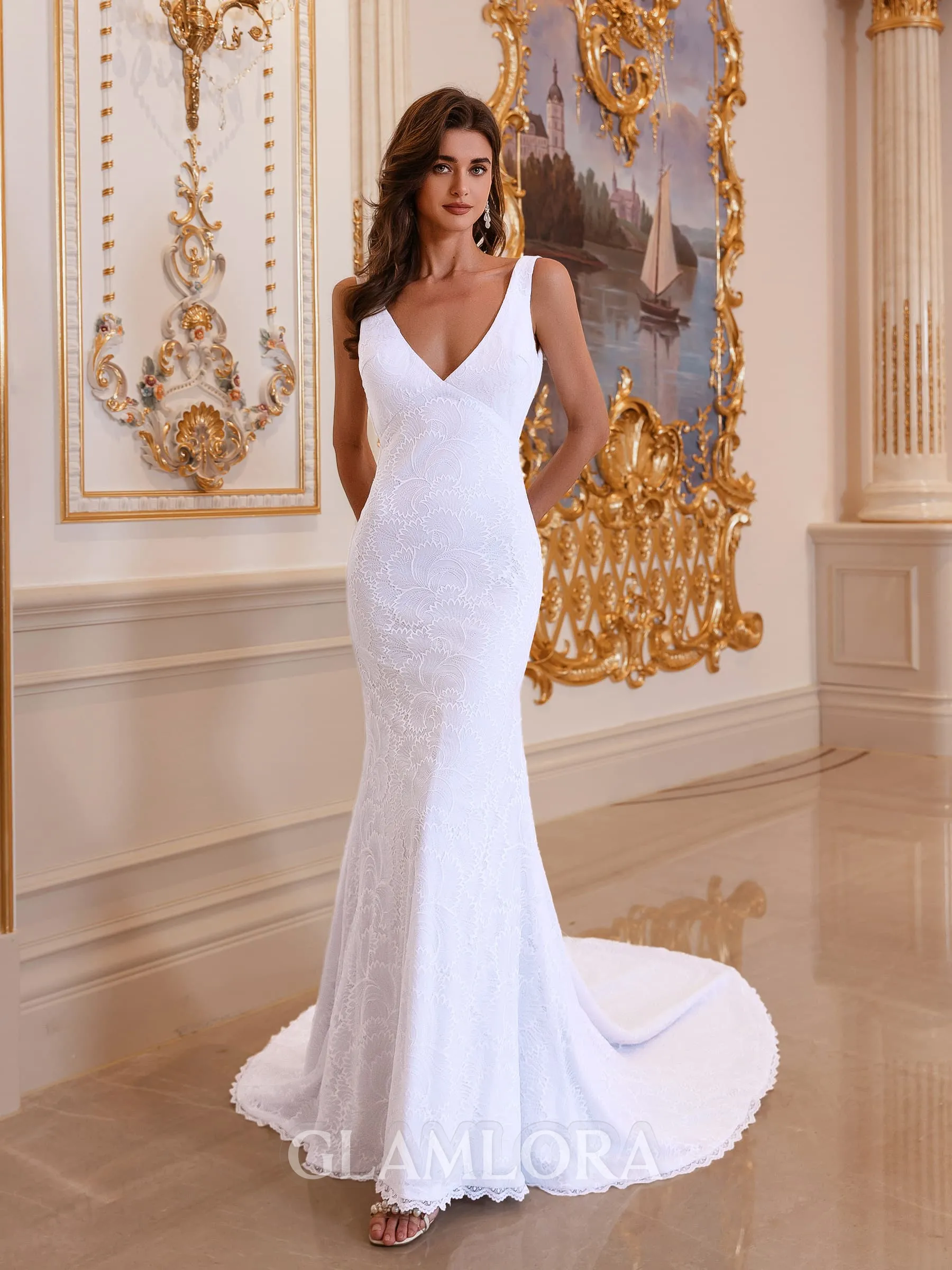 Resplendent Sheath V-Neck Appliques Lace Chapel Train Lace Wedding Dress