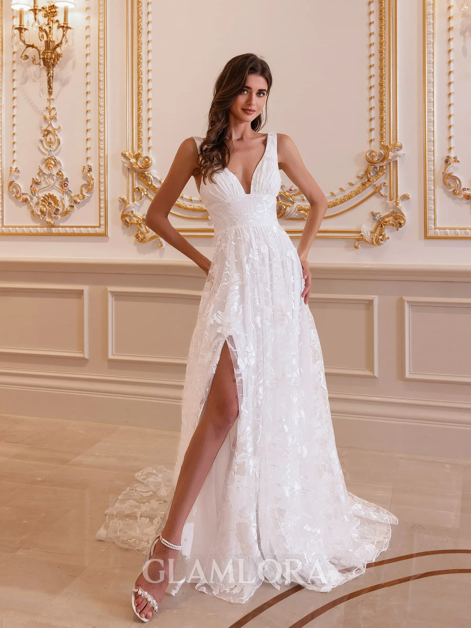 Charming A-line V-Neck Appliques Lace Court Train Lace Wedding Dress