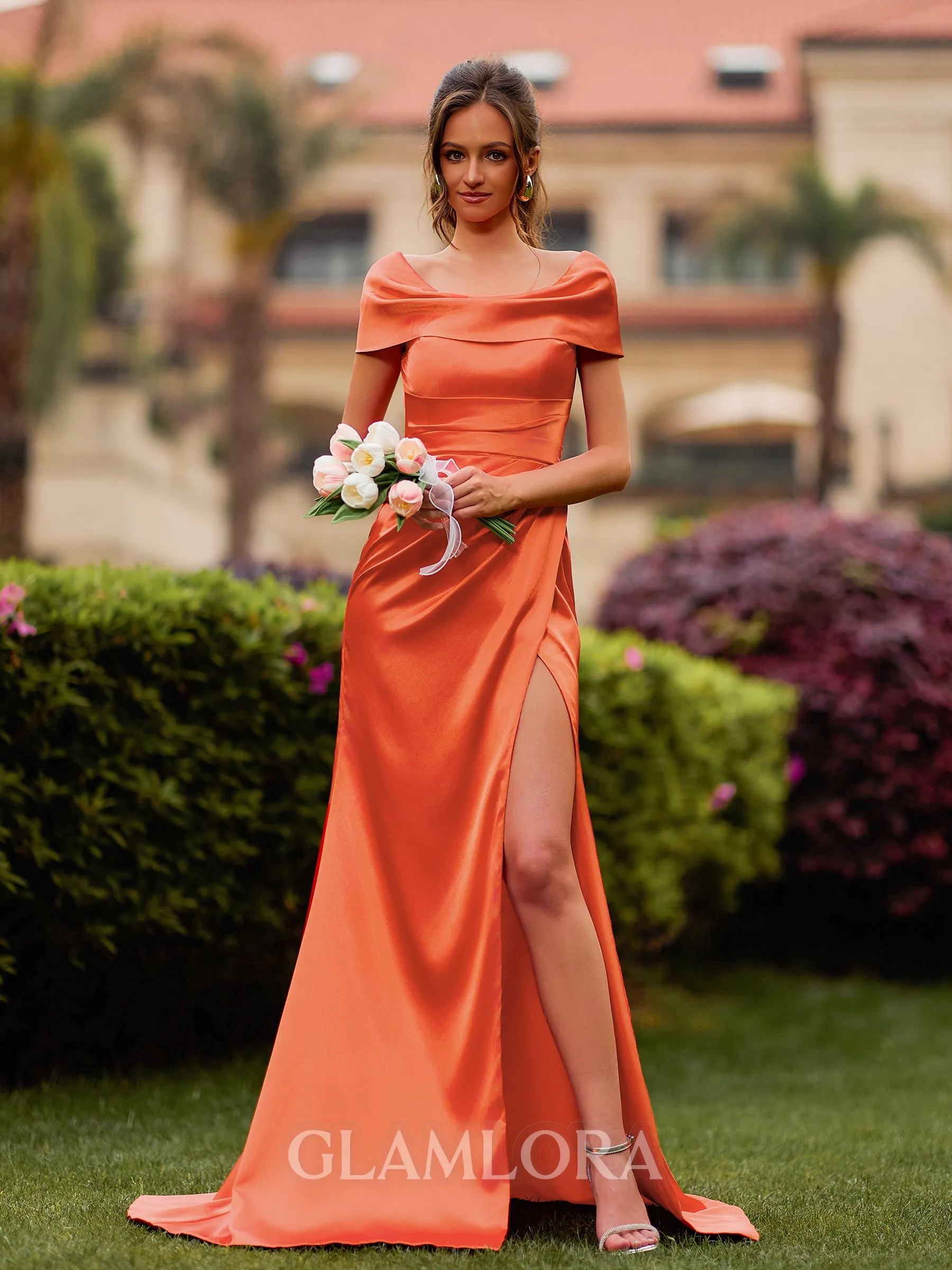Splendid Sheath Scoop Pleated Sweep Train Silk like Satin Bridesmaid Dress