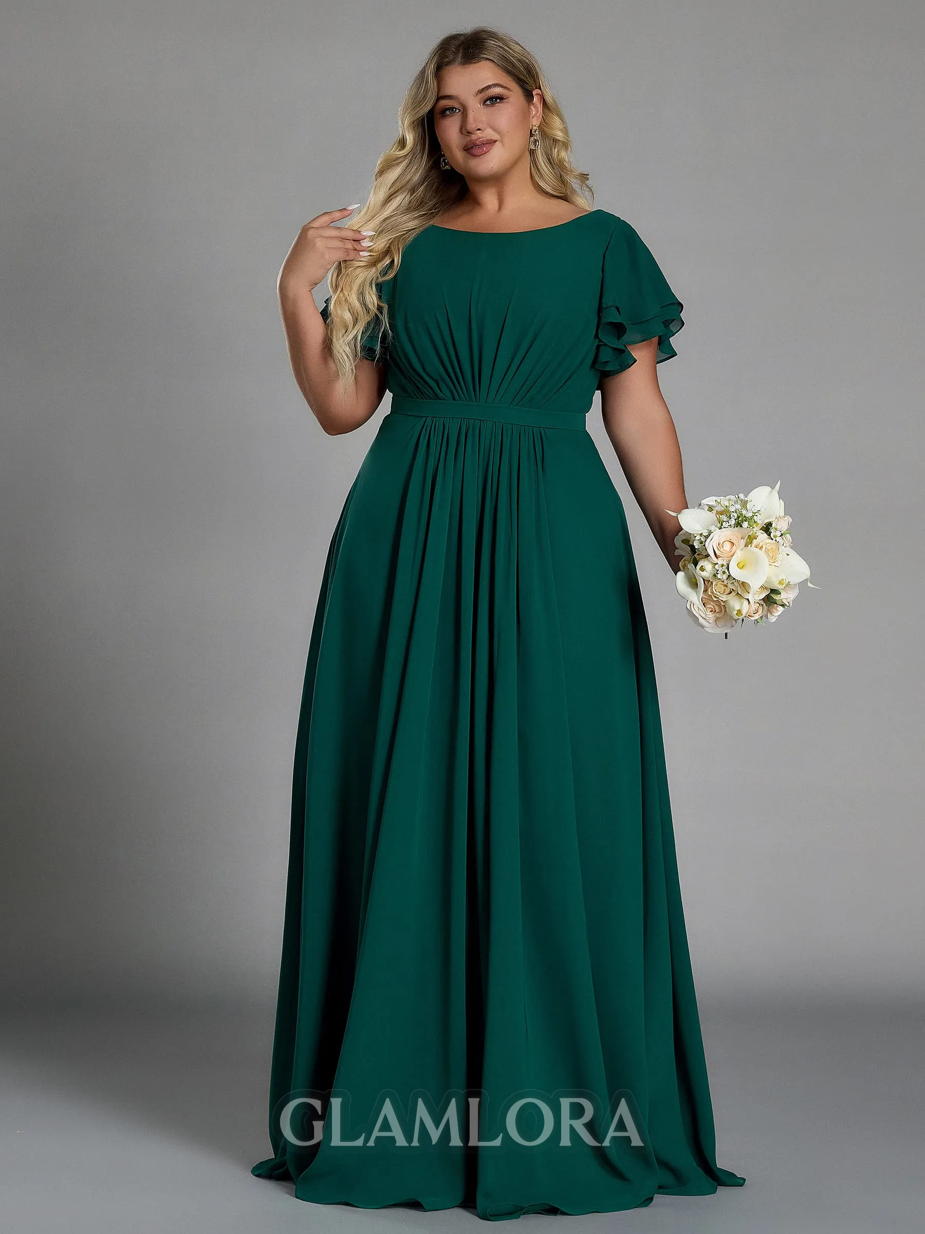 Splendid A-line Scoop Short Sleeves Pleated Floor-Length Chiffon Plus Size Bridesmaid Dress