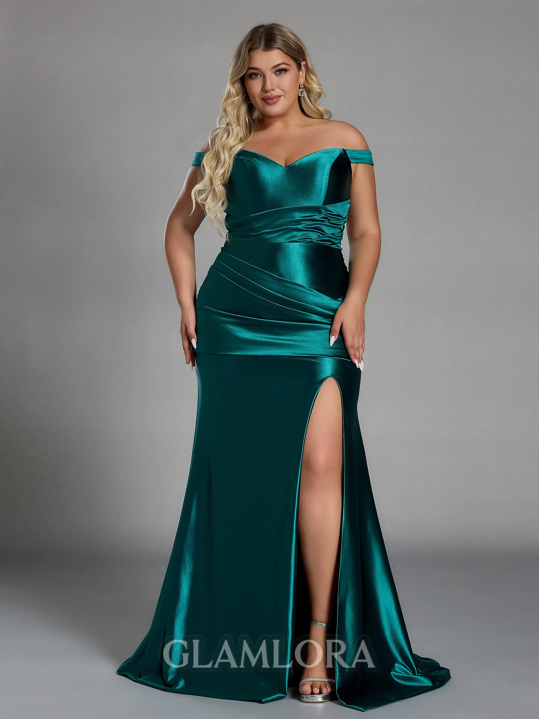 Glam Sheath Off-the-Shoulder Pleated Floor-Length Plus Size Bridesmaid Dress
