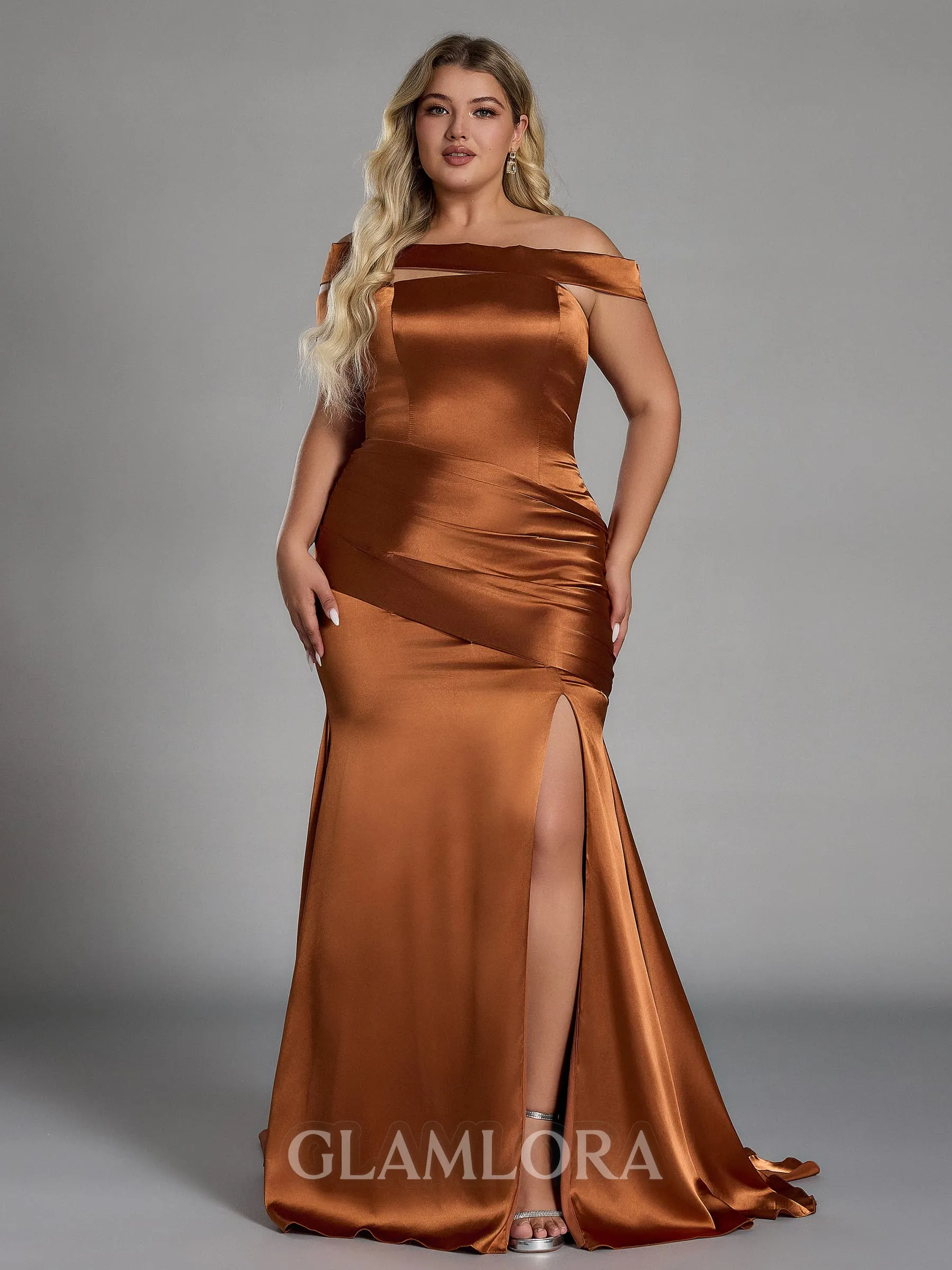 Stunning Sheath Off-the-Shoulder Pleated Sweep Train Silk Like Satin Corset Plus Size Bridesmaid Dress
